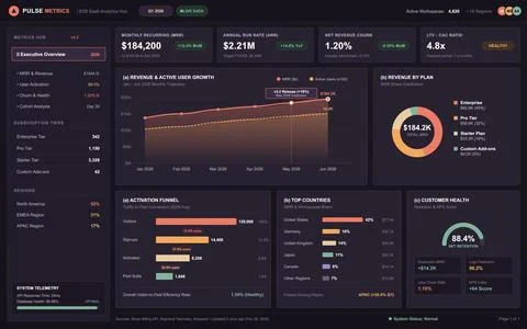 Modern B2B SaaS Product Analytics Dashboard with Dark Mode Interface Illustrazione stock