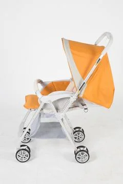 Modern baby stroller on white background Stock Photos