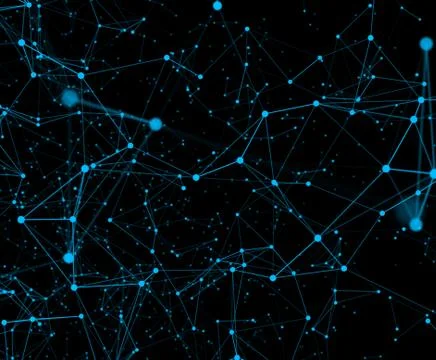 Modern background of dots connected by lines of blue colors with blurred blac Stock Photos