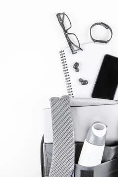 Modern backpack with laptop and tablet inside Foto stock