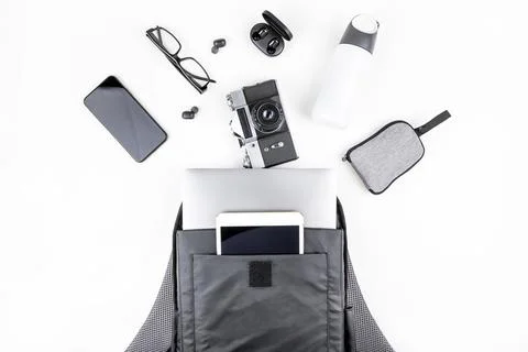 Modern backpack with laptop and tablet inside Stock Photos