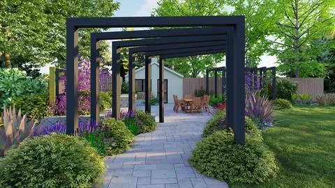 Modern Backyard Landscape Design with Black Metal Pergolas and Stone Walkway Stock Illustration