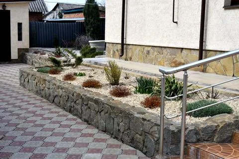 Modern backyard landscape design with stone raised garden bed, decorative plants Stock Photos