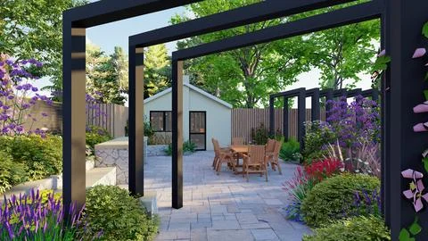 Modern Backyard Patio Landscape Design with Pergola and Outdoor Dining Stock Illustration