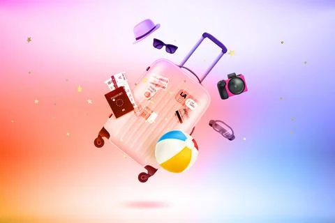 Modern bag with different travel stuff. Levitation effect. 3d vector illustra Stock-Illustration