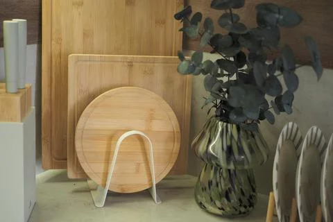 Modern bamboo kitchen display with elegant decor elements Stock Photos