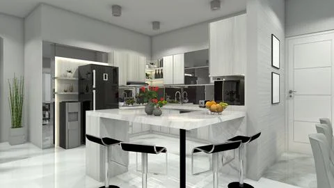 Modern Bar Table Cabinet with Marble Furnishing for Interior Kitchen Illustration