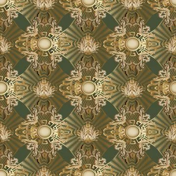 Modern Baroque 3d seamless pattern. Abstract vector dark green background wit Stock Illustration