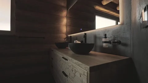Modern bathroom design inside a rustic log cabin with a wooden vanity and black 스톡 동영상 334649290