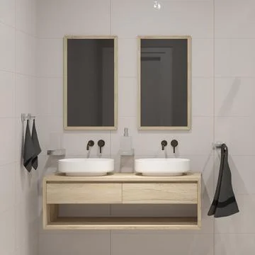 Modern bathroom design with two sinks and white tiles 3d render. Stock Illustration