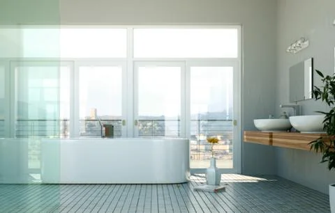 Modern bathroom interior 3d rendering with ocean view Stock Illustration