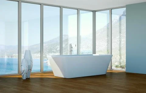 Modern bathroom interior 3d rendering with ocean view Stock Illustration