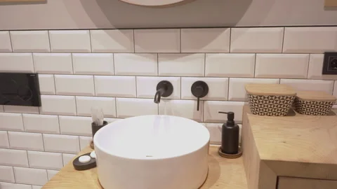 Modern bathroom interior Dolly Right Shot White decoration. Stock Footage 153313243
