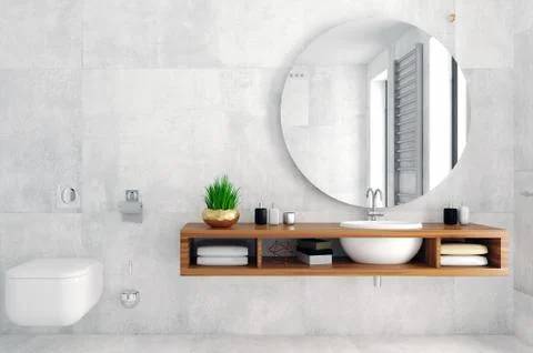 Modern bathroom interior in loft style chest of drawers Stock Illustration