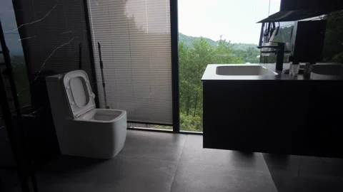 Modern bathroom interior with panoramic window and nature view Stock-Footage 342075836