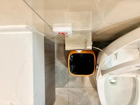 Modern Bathroom Interior with Trash Bin and Toilet Top View Stock Photos