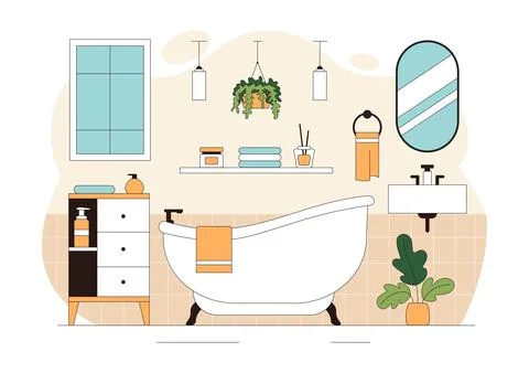 Modern Bathroom Interior Vector Illustration Featuring Bathtub, Sink, Mirro.. Stock Illustration