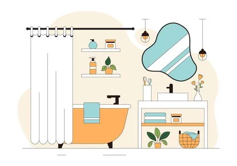 Modern Bathroom Interior Vector Illustration Featuring Bathtub, Sink, Mirro.. Stock Illustration