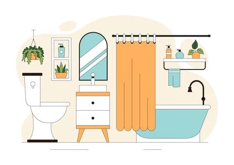 Modern Bathroom Interior Vector Illustration Featuring Bathtub, Sink, Mirro.. Stock Illustration