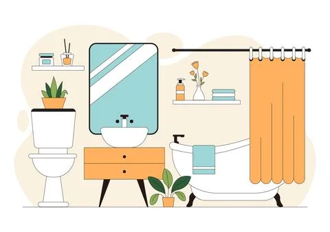 Modern Bathroom Interior Vector Illustration Featuring Bathtub, Sink, Mirro.. Stock Illustration