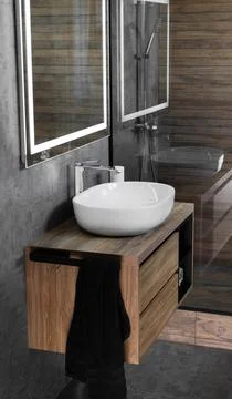 Modern bathroom interior with white ceramic vessel sink 库存照片