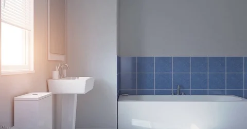 Modern bathroom with large window.  Stock Footage 84059901