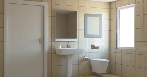 Modern bathroom with large window.  Vídeo Stock 84060274