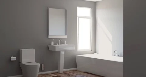 Modern bathroom with large window.  Stock Footage 84060488