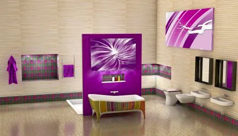 Modern bathroom with purple elements, illustration 스톡 일러스트