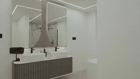 Modern bathroom vanity with double sink and mirror Stock Footage 327505925
