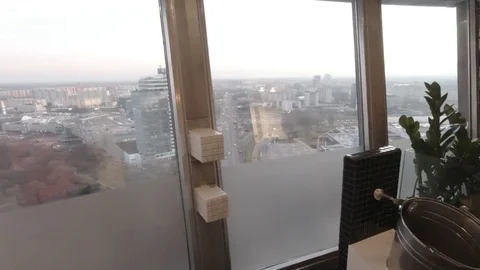 Modern Bathroom with a view sky view of Bratislava 1 Stock Footage 127038938