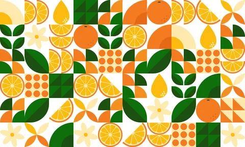 Modern Bauhaus geometric pattern with citrus oranges and floral elements, a.. Stock-Illustration