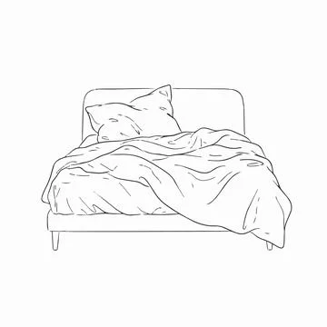 Modern bed with pillows and blanket line art Silhouette Stock Illustration