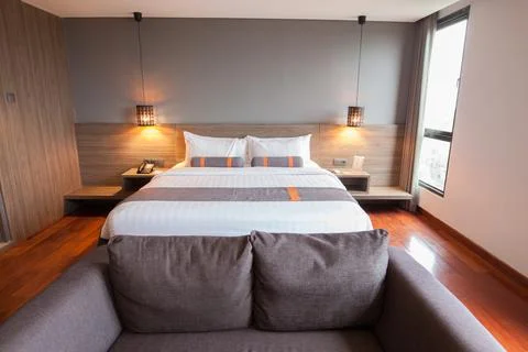 Modern bed room interior Stock Photos