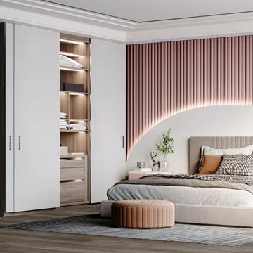 Modern Bed Rooms with bed with Wall Cupboard Wardrobes Cabinet Illustrazione stock