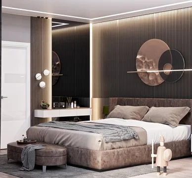 Modern bedroom with bedhead interior design with dressing table with big mirror Illustrazione stock