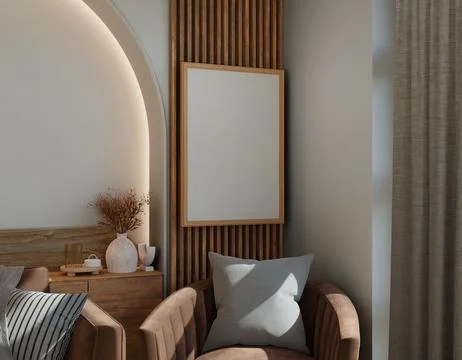 Modern bedroom corner with a blank framed poster, wooden accent wall, and c.. Illustrazione stock