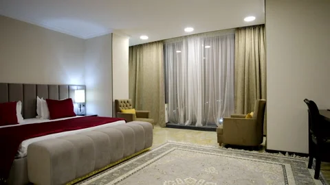 Modern Bedroom Interior and bed with many pillows Stock-Footage 306997248