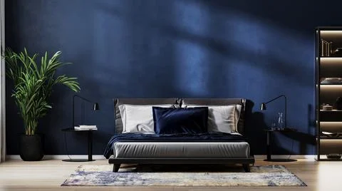 Modern bedroom interior background with empty dark blue wall, 3d rendering Illustrazione stock