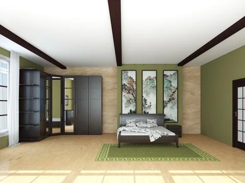 Modern Bedroom Interior Concept. Light Parquet Floor and a Green Carpet Stock Illustration
