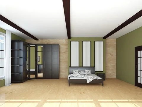 Modern Bedroom Interior Concept. Light Parquet Floor and a Brown Wooden Bed Stock Illustration