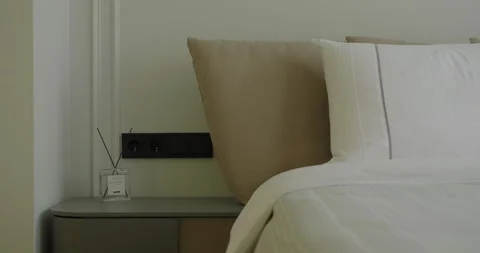 Modern bedroom interior design with bed pillow vanity table. Modern furniture Stock Footage 277610903
