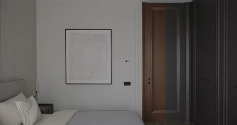 Modern bedroom interior design with bed bedside table picture wall panels wooden Stock Footage 277957900