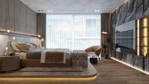 Modern Bedroom interior design with bed light wall tv and much more things Illustrazione stock