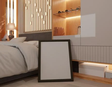 Modern bedroom interior with empty framed poster Stock Illustration