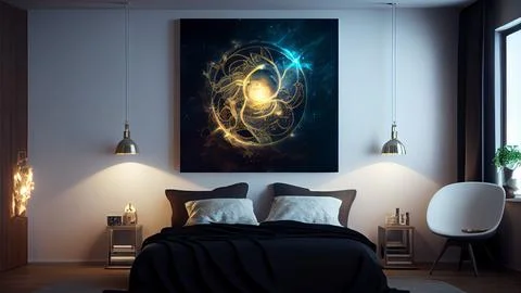 Modern bedroom interior with empty poster on wall. Stock Illustration