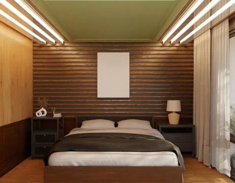 Modern bedroom interior, featuring a neutral color palette and wood accents.. Stock Illustration