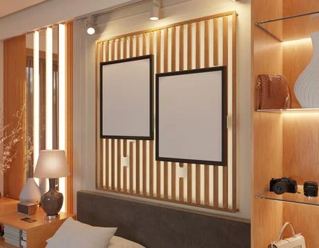 Modern bedroom interior with framed art Stock Illustration