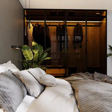 Modern bedroom interior with gray wall and bed and glass closet with backligh Stock Illustration