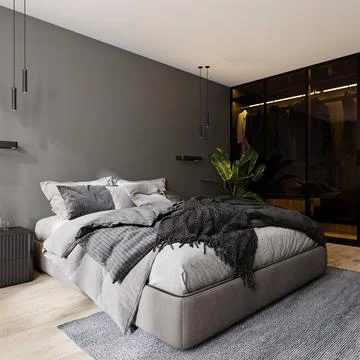 Modern bedroom interior with gray wall and bed and glass closet with backligh Stock Illustration